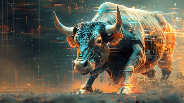 Stylish Bull Artwork with a Geometric Data Chart Background