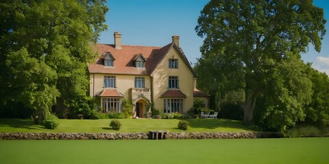 Obraz premium beautiful forest cottage with a red roof and a large green porch dream house