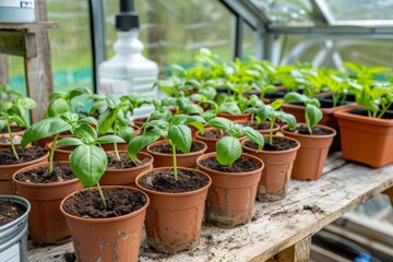 Healthy Basil Plants Growing in a Greenhouse - Agriculture, Culinary Herbs, Sustainable Farming