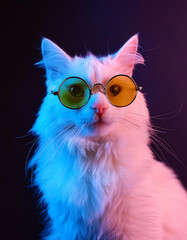 Portrait of white furry cat in fashion eyeglasses. Studio neon light footage. Luxurious domestic kitty in glasses poses on black background