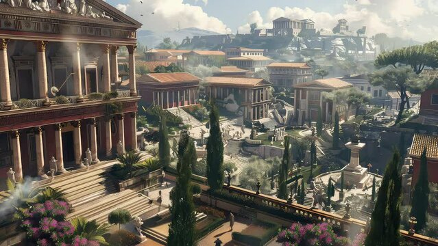 ancient roman city at daytime. animation seamless 4k video looping background. generated with ai