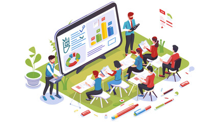 Business training or courses concept. Design for web banner, infographics, hero images. Flat isometric vector illustration on white background. Training new employees for a job. Infosession.