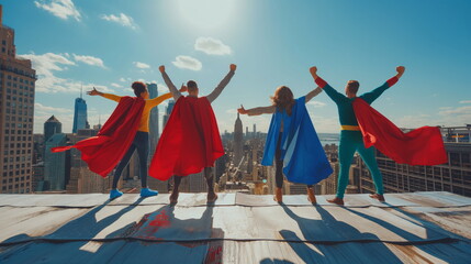 Friends wearing superhero capes and striking dramatic poses on a city rooftop