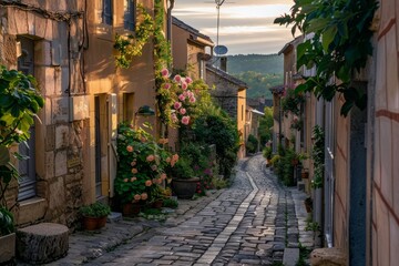 Discover the quiet beauty of dawn in a sleepy village, with cobblestone streets bathed in the soft glow of morning light and the smell of freshly, Generative AI