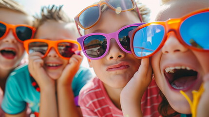 Cheerful bunch of kids sport large, vibrant sunglasses while making playful faces