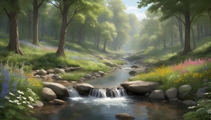 Visualize A Tranquil Woodland Glen With A Bubbling
