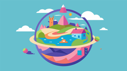 A rotating sphere of fun for your feline friend to explore featuring colorful illustrations of imaginary lands.. Vector illustration