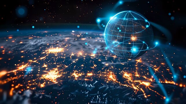 Futuristic Digital Network: Illuminated Globe with High-Tech Nodes
