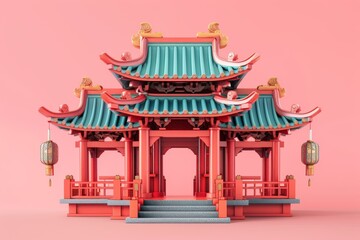 3d illustration chinese ancient building model on background