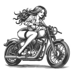 retro biker woman with flowing hair, riding classic motorcycle with focused gaze sketch engraving generative ai fictional character raster illustration. Scratch board imitation. Black and white image