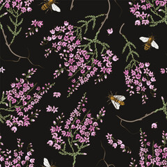 Seamless pattern with blooming heather and bees