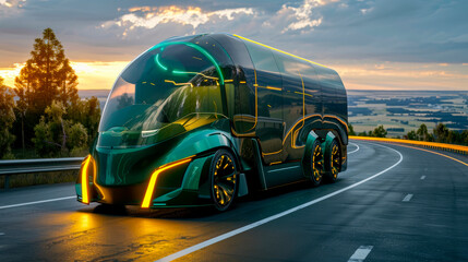 Futuristic autonomous green bus on a highway. Public transportation of the future.