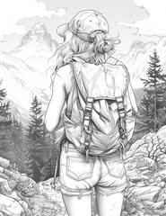 A woman is hiking in the mountains with a backpack on her back