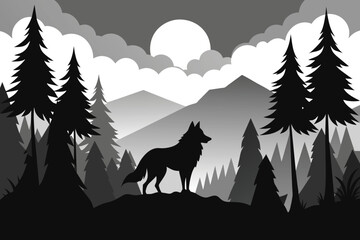 wildlife wolf silhouette forest landscape black and white vector illustration