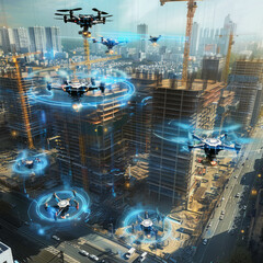 High-tech drones surveil building site in urban area, AI generative.