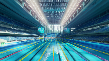 Fototapeta na wymiar Olympic swimming arena, pool, competition, athlete, AI generative.