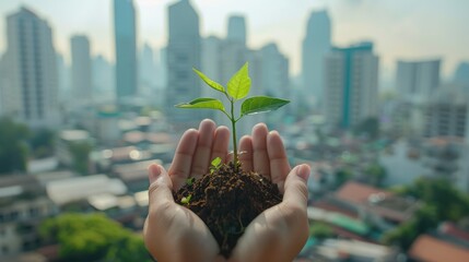 A hands holding a plant in the foreground with the city in the background, Growth and Development