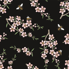 Seamless pattern with Wild Manuka Blossom and Bees