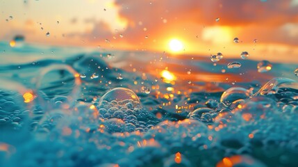  a cluster of seafoam bubbles forming on the water's surface, reflecting the bright hues of a tropical sunset