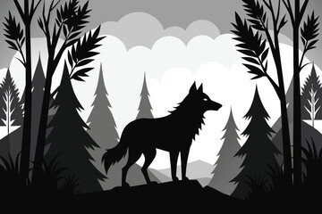 wildlife wolf silhouette forest landscape black and white vector illustration