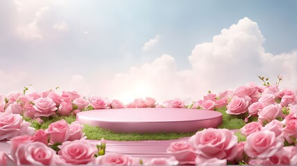  Podium background flower rose product pink, 3d spring table beauty stand display, nature white. Garden rose floral summer background podium cosmetic, valentine, Easter, field scene gift purple day 