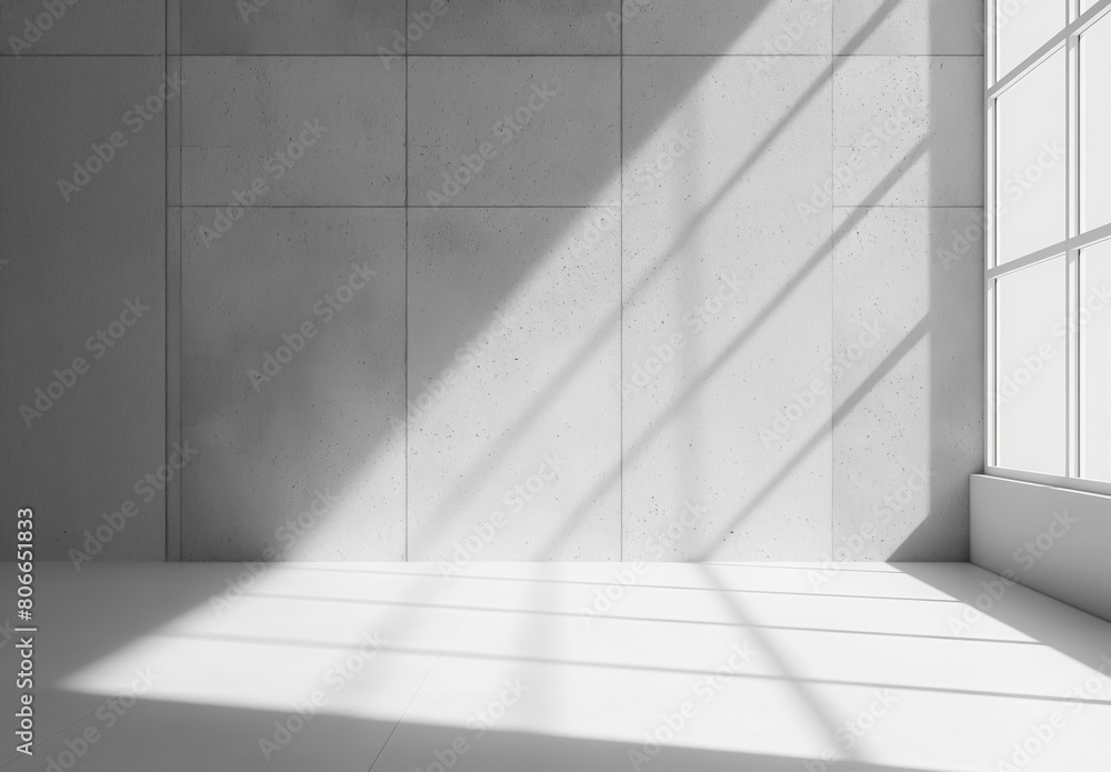 Poster a large, empty room with a window that lets in sunlight. the room is made of concrete and has a very