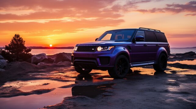 Blue rubicon jeep standing at beach