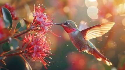  a vibrant hummingbird hovering in mid-air, its iridescent feathers shimmering in the sunlight as it feeds from a colorful flower 