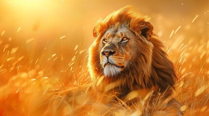  a majestic lion as it rests in the golden grasslands of the African savannah, exuding strength and...