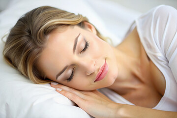 Fototapeta premium pretty girl sleeping on bed. beautiful sensual young woman in white morning bed