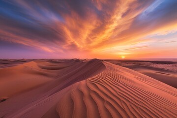 Discover the tranquil beauty of dawn in a desert landscape, with sand dunes glowing in the soft light of sunrise and the sky ablaze with hues, Generative AI