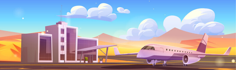 Plane near airport in sunny desert. Vector cartoon illustration of aircraft on runway before flight, modern glass building, sandy dunes, blue sky with white clouds, passenger transportation service