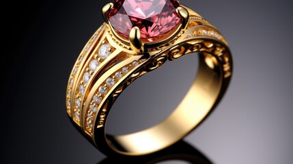 A gold ring with pink pink diamond on light and dark background