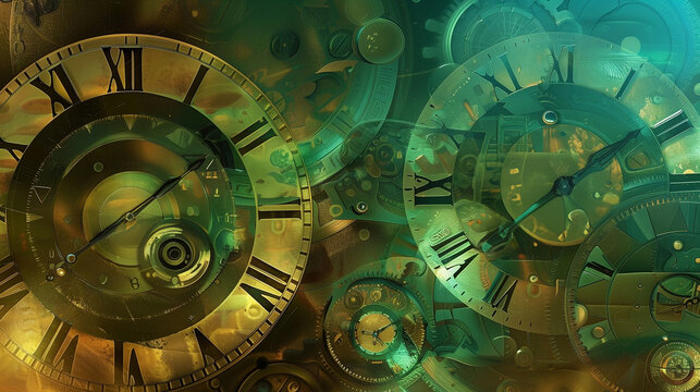 a surreal image of an artistic and vibrant depiction of various clock faces and gears blended into a kaleidoscope of colors and mechanical parts