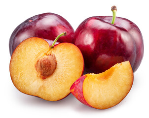 Ripe chinese plums or japanese plums on white background. Clipping path.