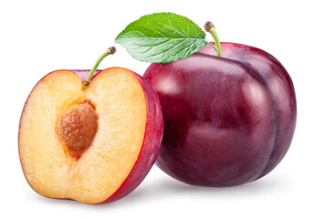 Ripe chinese plum or japanese plum with leaf on white background. Clipping path.