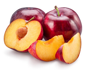 Ripe chinese plums or japanese plums on white background. Clipping path.