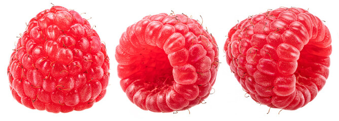 Three raspberries isolated on white background.