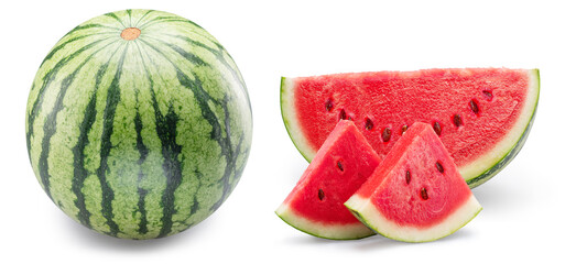 Watermelon and water melon slices isolated on white background. Clipping paths.