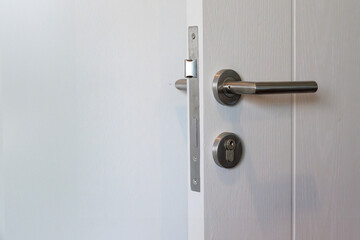 Metallic modern door knob on white wooden door.
