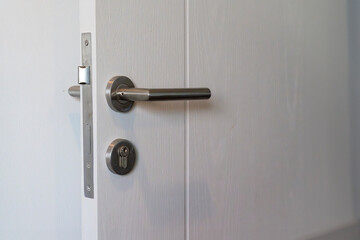 Metallic modern door knob on white wooden door.