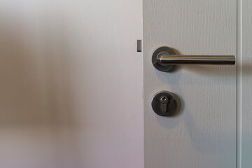 Metallic modern door knob on white wooden door.