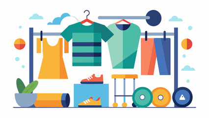 In addition to the clothing swap there is a section dedicated to exchanging workout equipment with a focus on reusable and sustainable options.. Vector illustration
