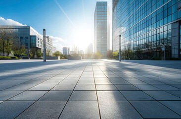 Fototapeta premium A city street with a large building in the background, A large empty concrete floor with modern buildings in the background. The sun shines,beautiful shadows and highlights. outside an office complex