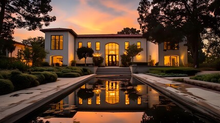 Panoramic view of beautiful luxury house in the garden at sunset