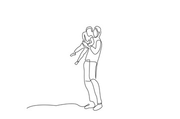 father son having fun together happy family pose full body length one line art design vector