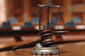 Legal symbols. gavel and scales of justice in courtroom setting, law and order concepts