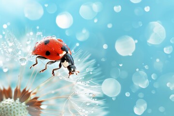 Ladybug on dewy dandelion against blue background..