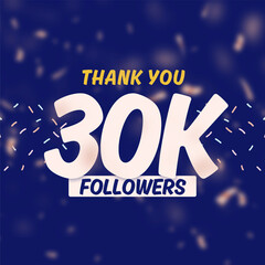 Thank you 30k followers celebration with gold rose pink blurry confetti on blue background