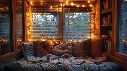 Cozy reading nook with fairy lights. The perfect place to relax and enjoy a good book.